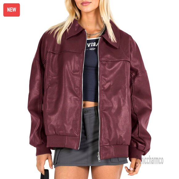 Oversized Faux Leather Bomber Jacket Moto Biker Coat Zip Up Fall Fashion